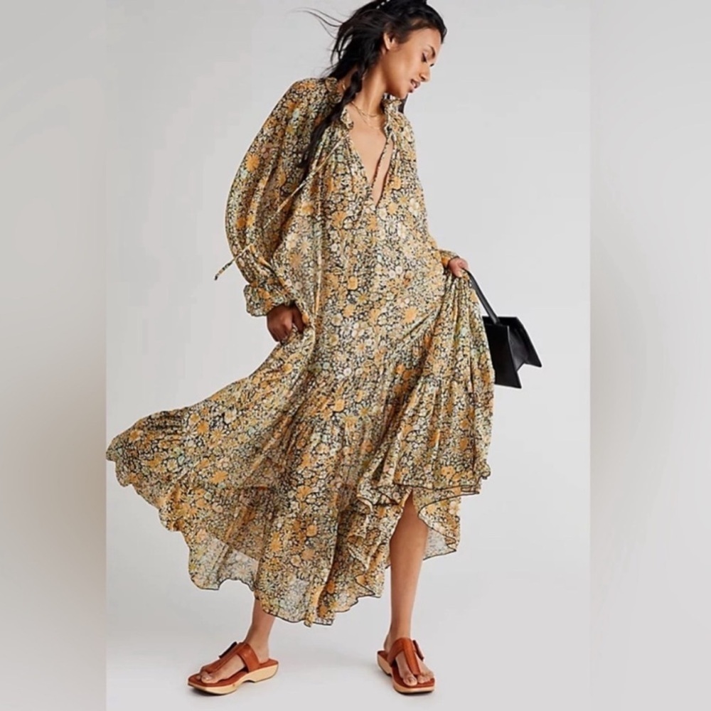 Free People Feeling Groovy Floral Boho  Ruffle Oversize Tiered Maxi dress - Picture 7 of 16